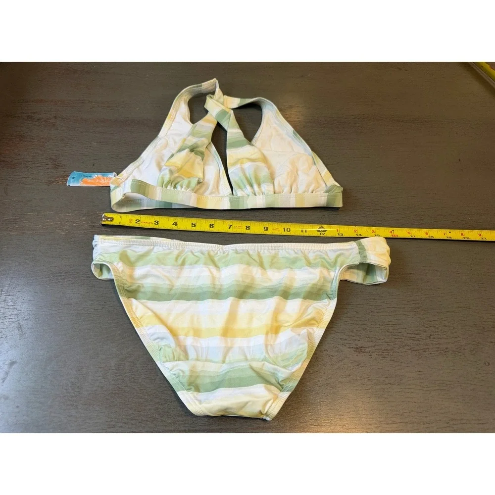 Title Nine Bikini Set Green Yellow Striped Halter Top Ruched Bottoms Medium